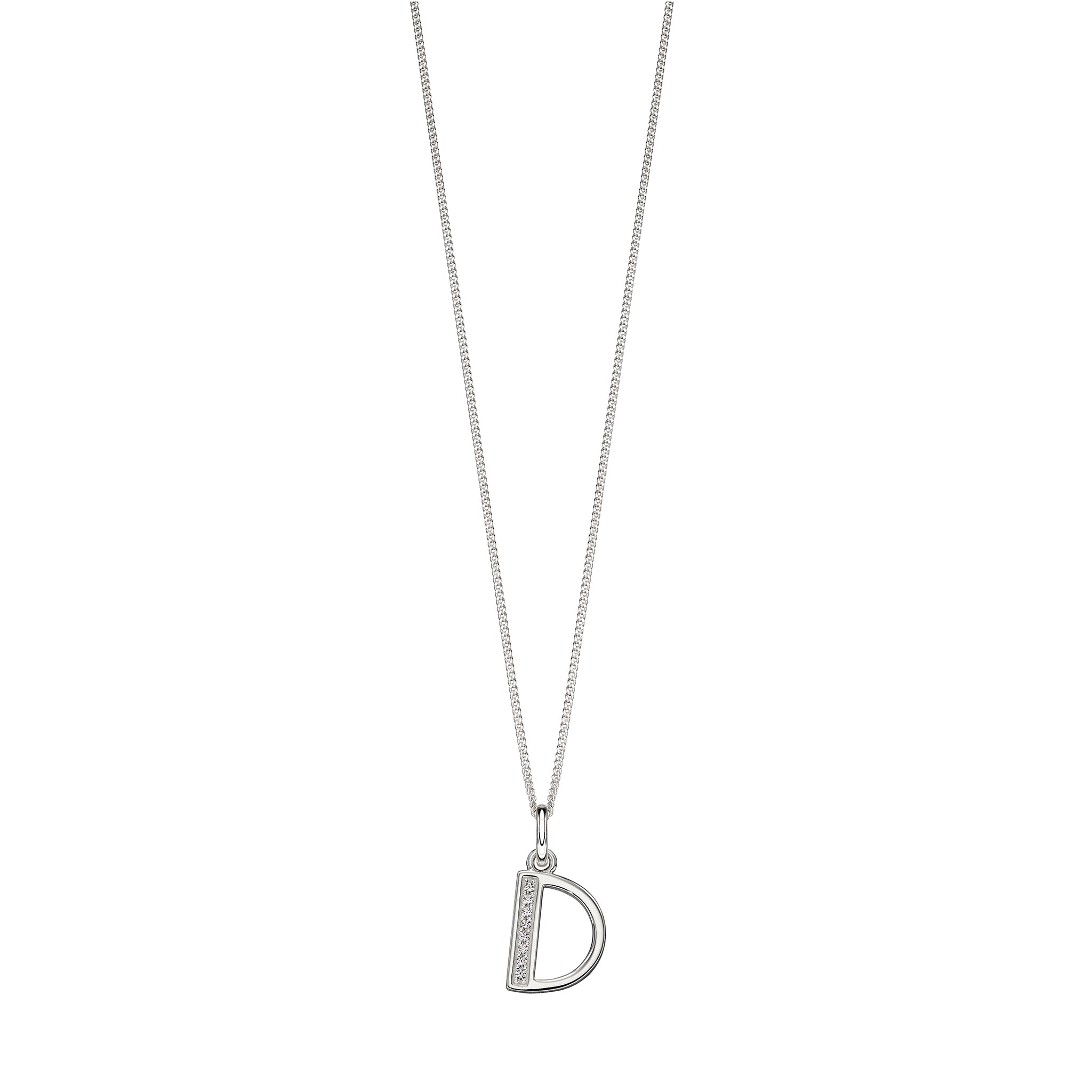 Silver chain with a silver cubic zirconia pendant with the initial D.