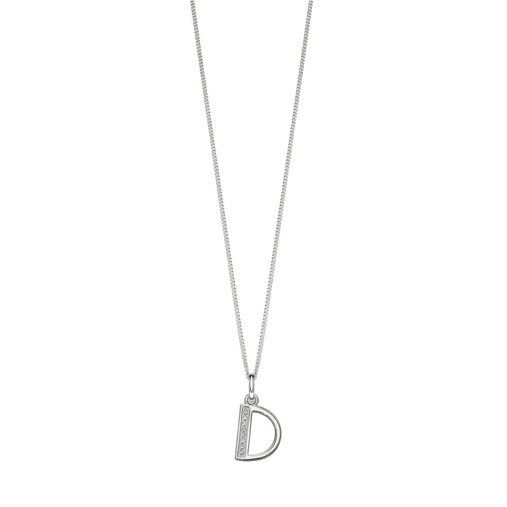 Silver chain with a silver cubic zirconia pendant with the initial D.