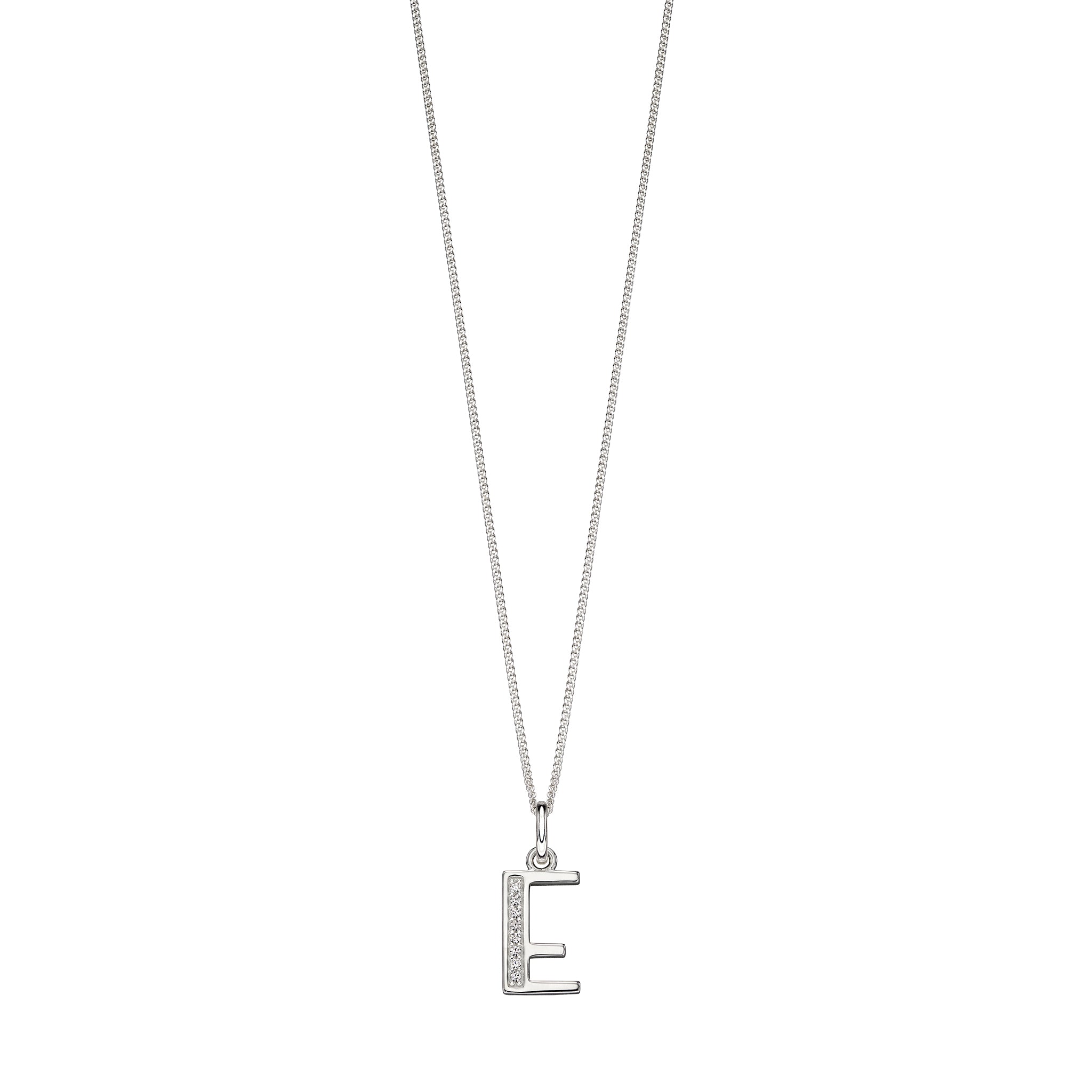 Silver chain with a silver cubic zirconia pendant with the initial E.