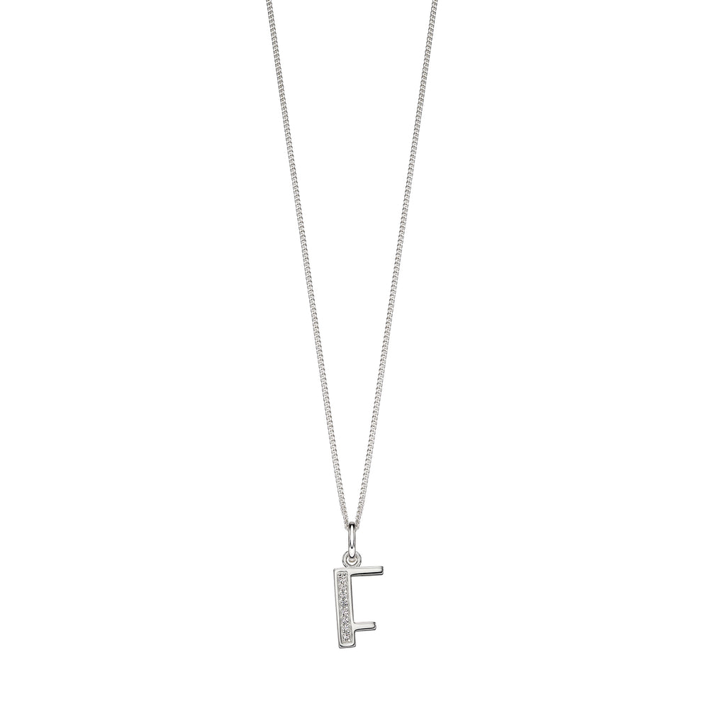 Silver chain with a silver cubic zirconia pendant with the initial F.