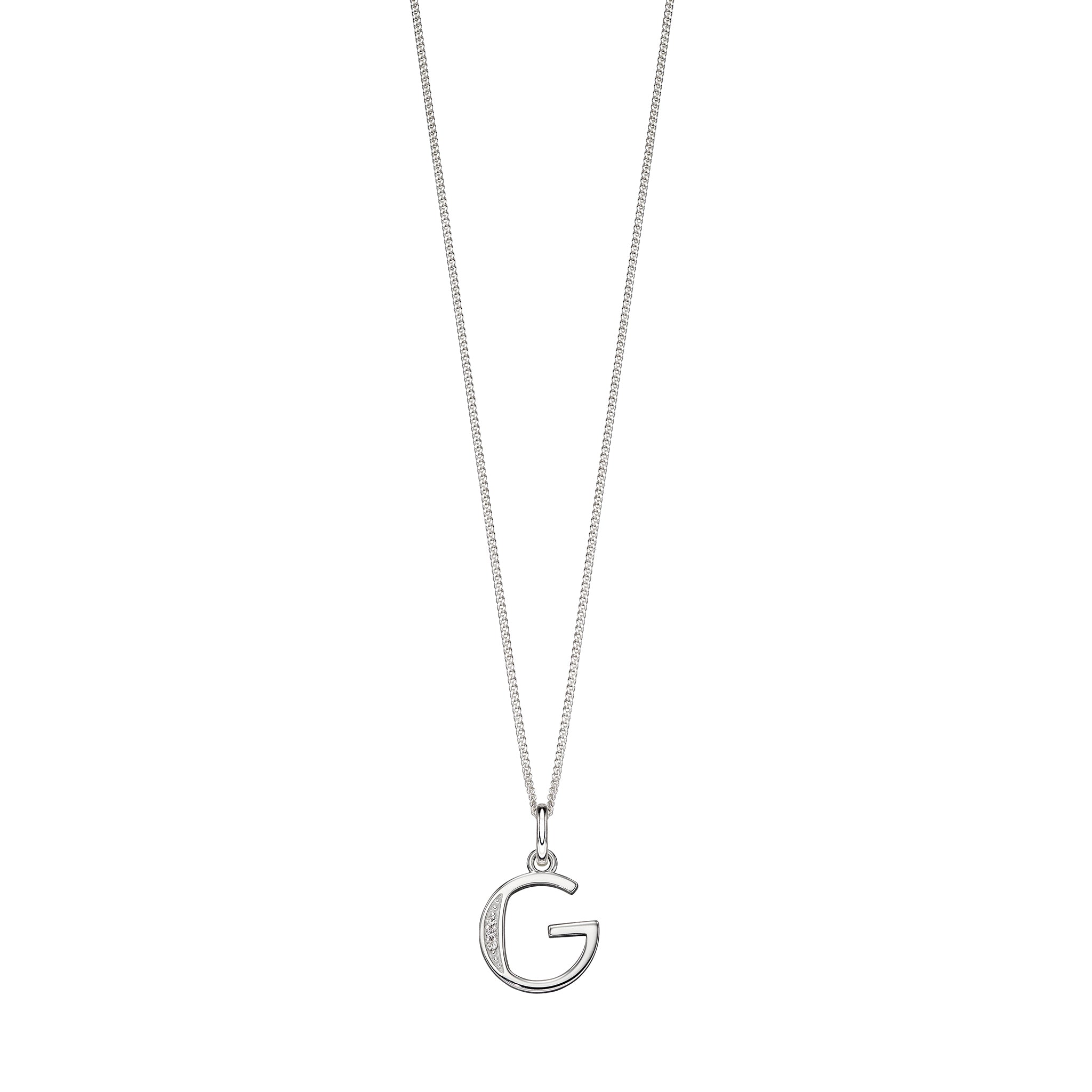 Silver chain with a silver cubic zirconia pendant with the initial G.