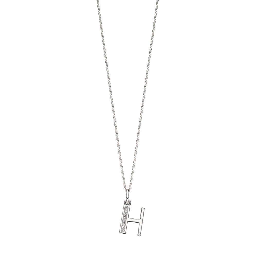 Silver chain with a silver cubic zirconia pendant with the initial H.