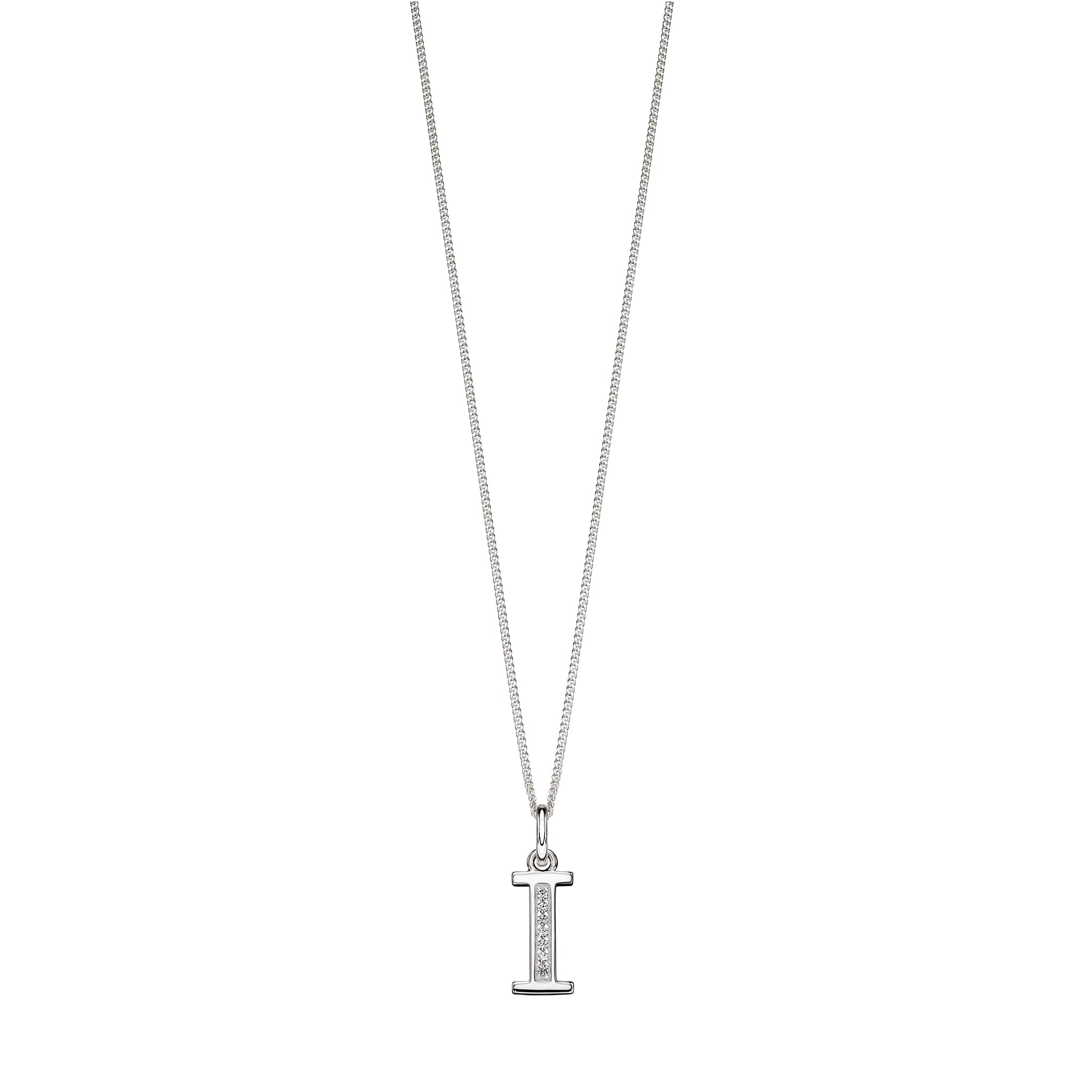 Silver chain with a silver cubic zirconia pendant with the initial I.