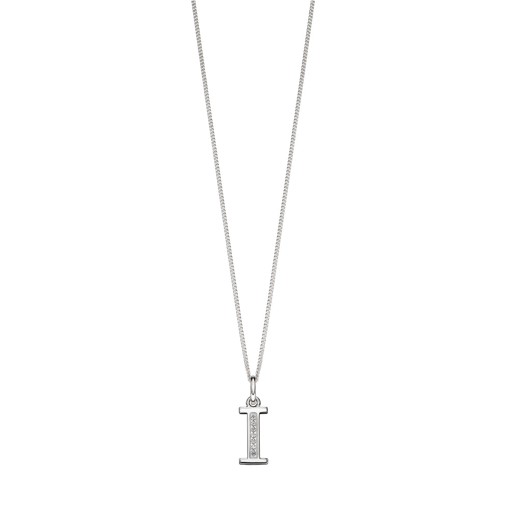 Silver chain with a silver cubic zirconia pendant with the initial I.