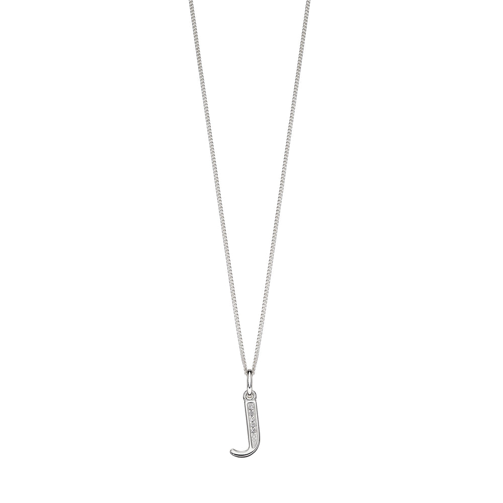 Silver chain with a silver cubic zirconia pendant with the initial J.
