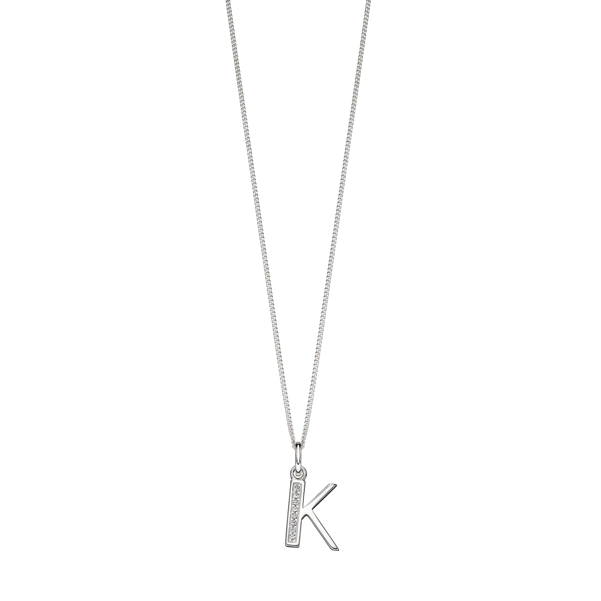 Silver chain with a silver cubic zirconia pendant with the initial K.