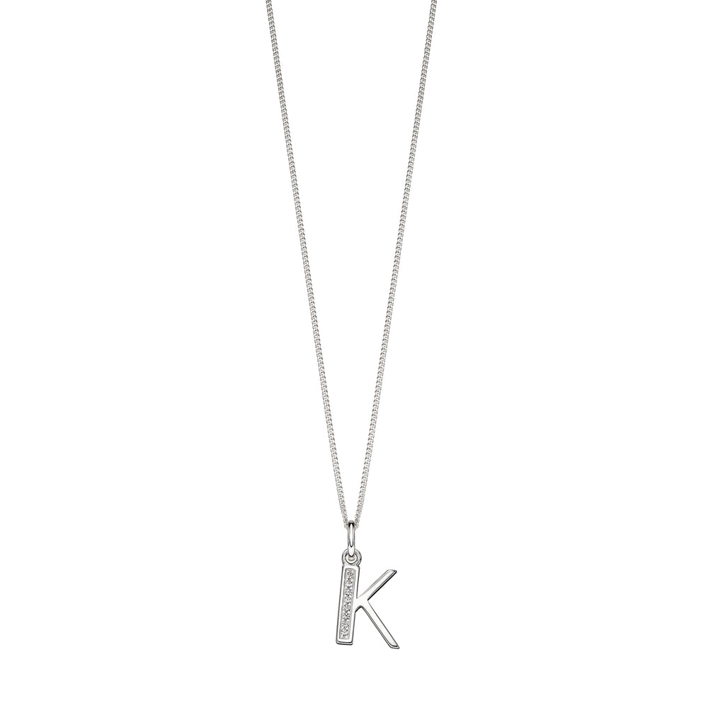 Silver chain with a silver cubic zirconia pendant with the initial K.