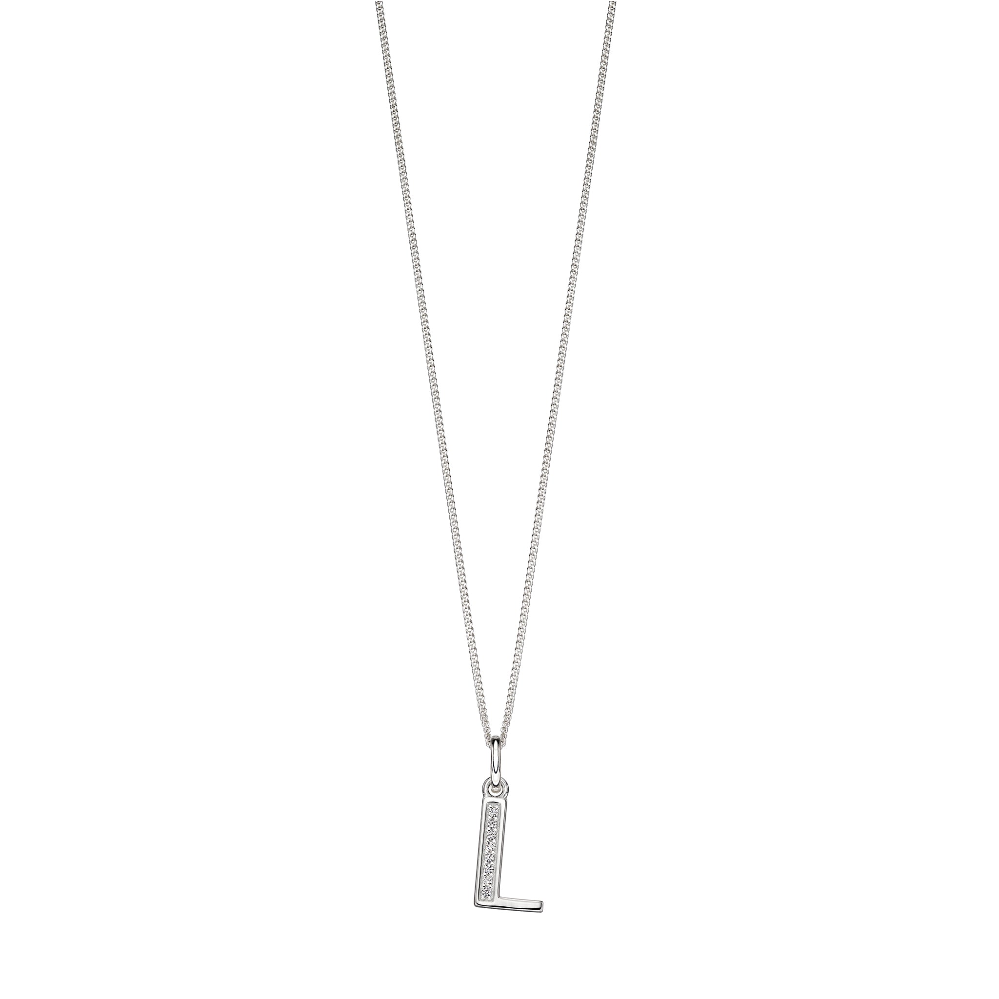 Silver chain with a silver cubic zirconia pendant with the initial L.