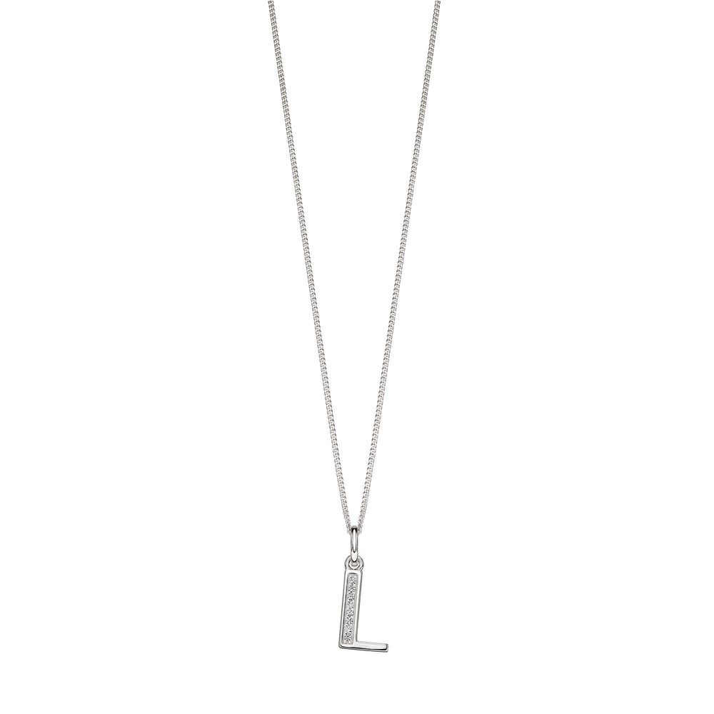 Silver chain with a silver cubic zirconia pendant with the initial L.