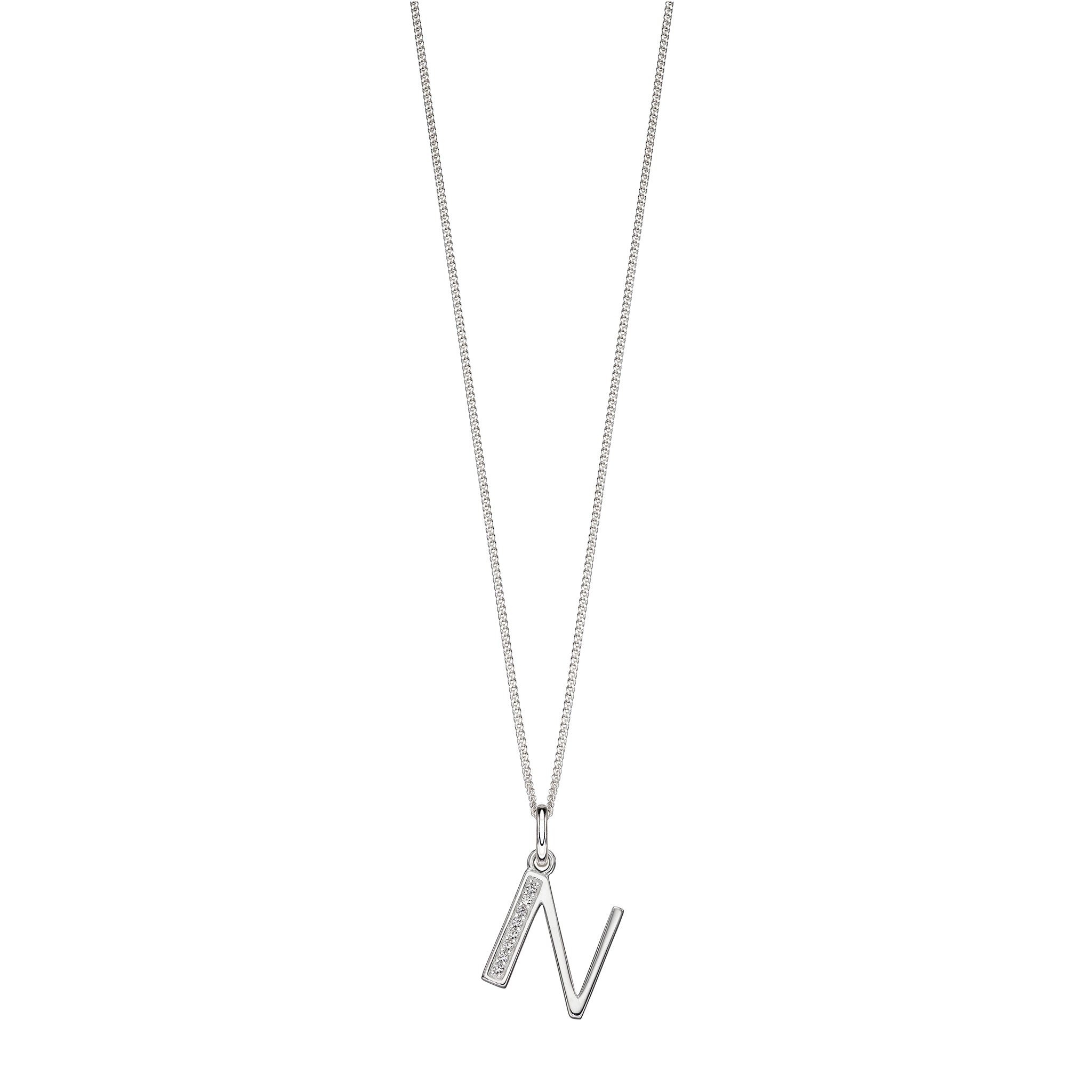 Silver chain with a silver cubic zirconia pendant with the initial N.