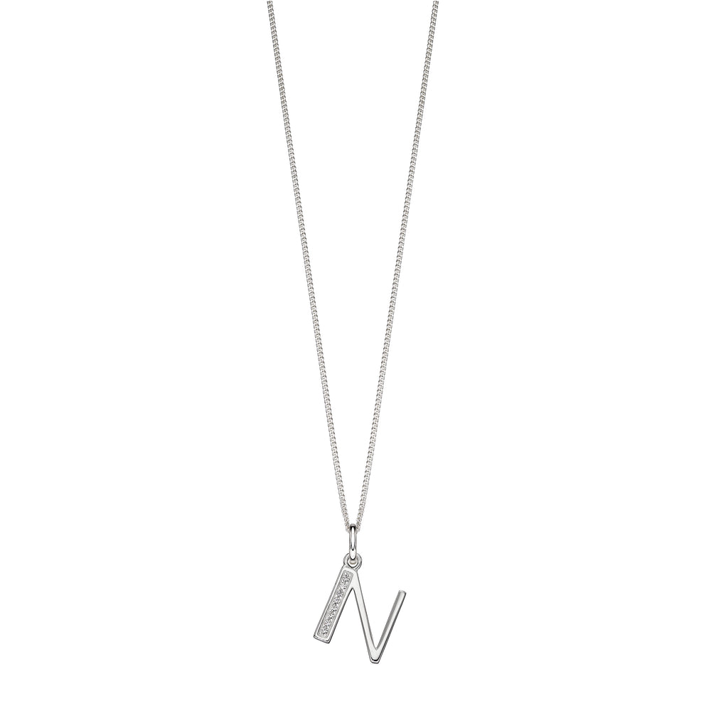 Silver chain with a silver cubic zirconia pendant with the initial N.