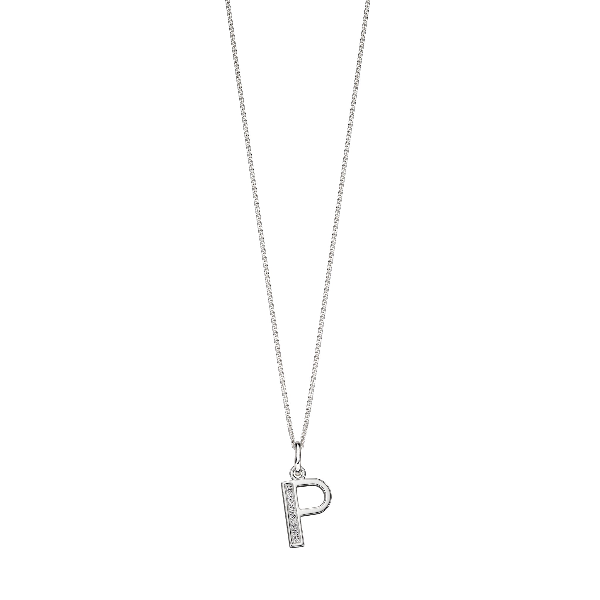 Silver chain with a silver cubic zirconia pendant with the initial P.