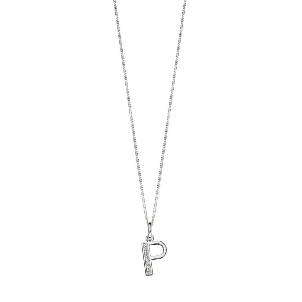 Silver chain with a silver cubic zirconia pendant with the initial P.