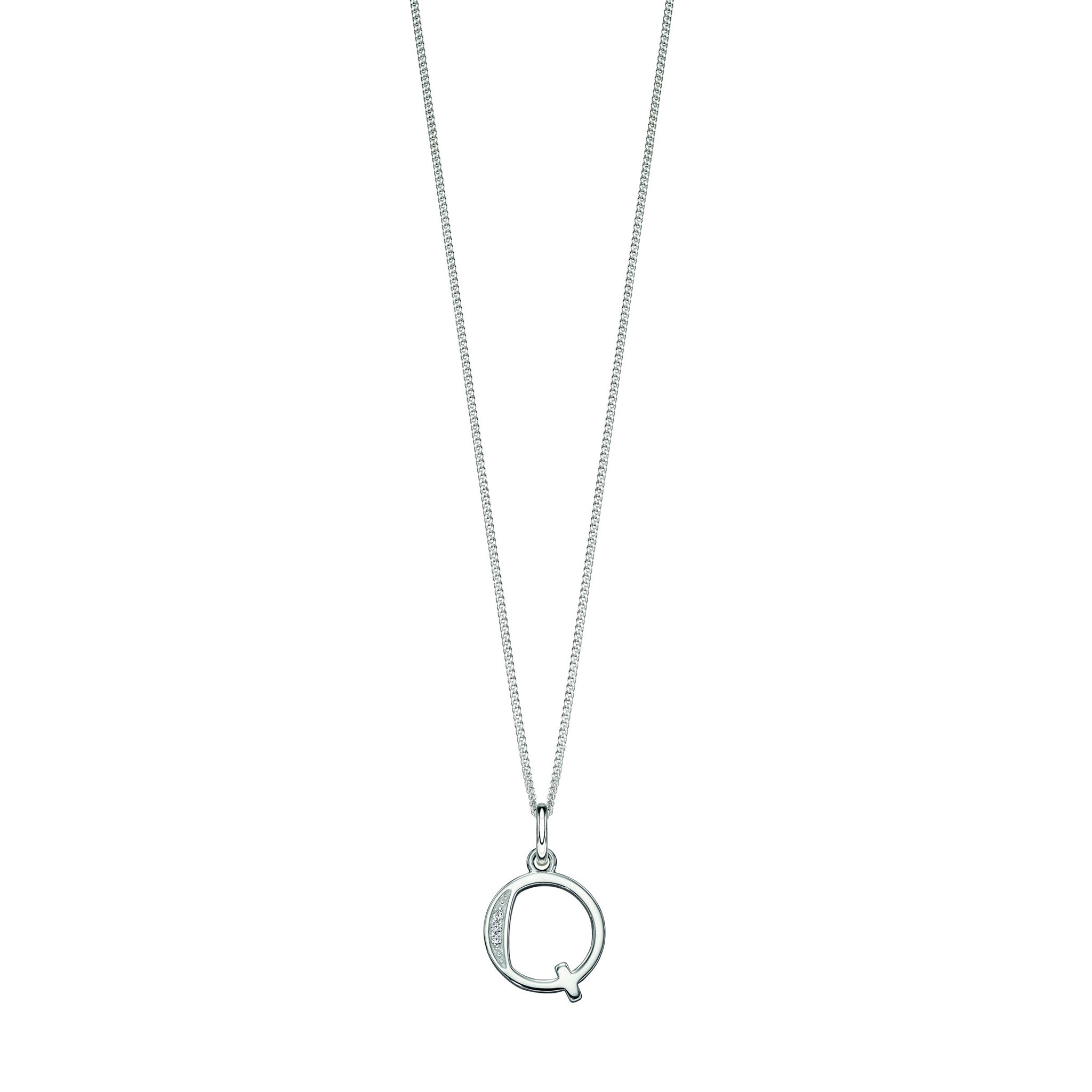 Silver chain with a silver cubic zirconia pendant with the initial Q.