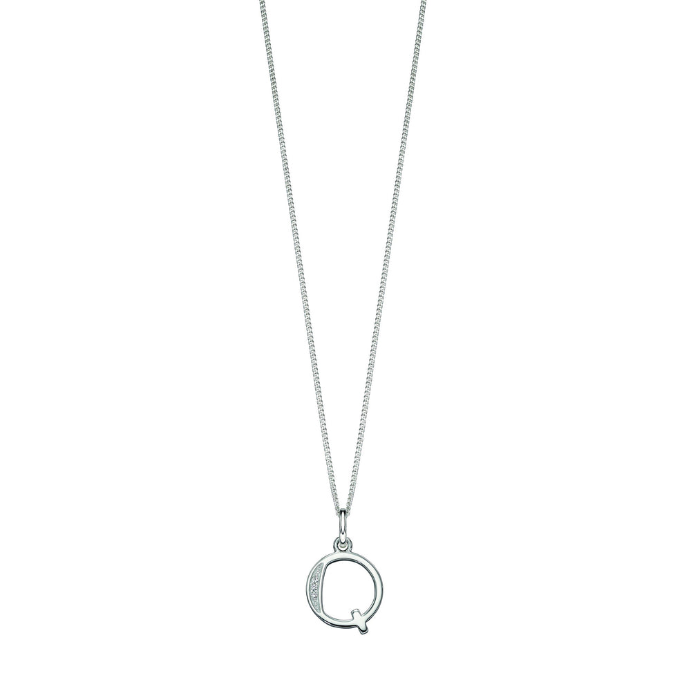 Silver chain with a silver cubic zirconia pendant with the initial Q.