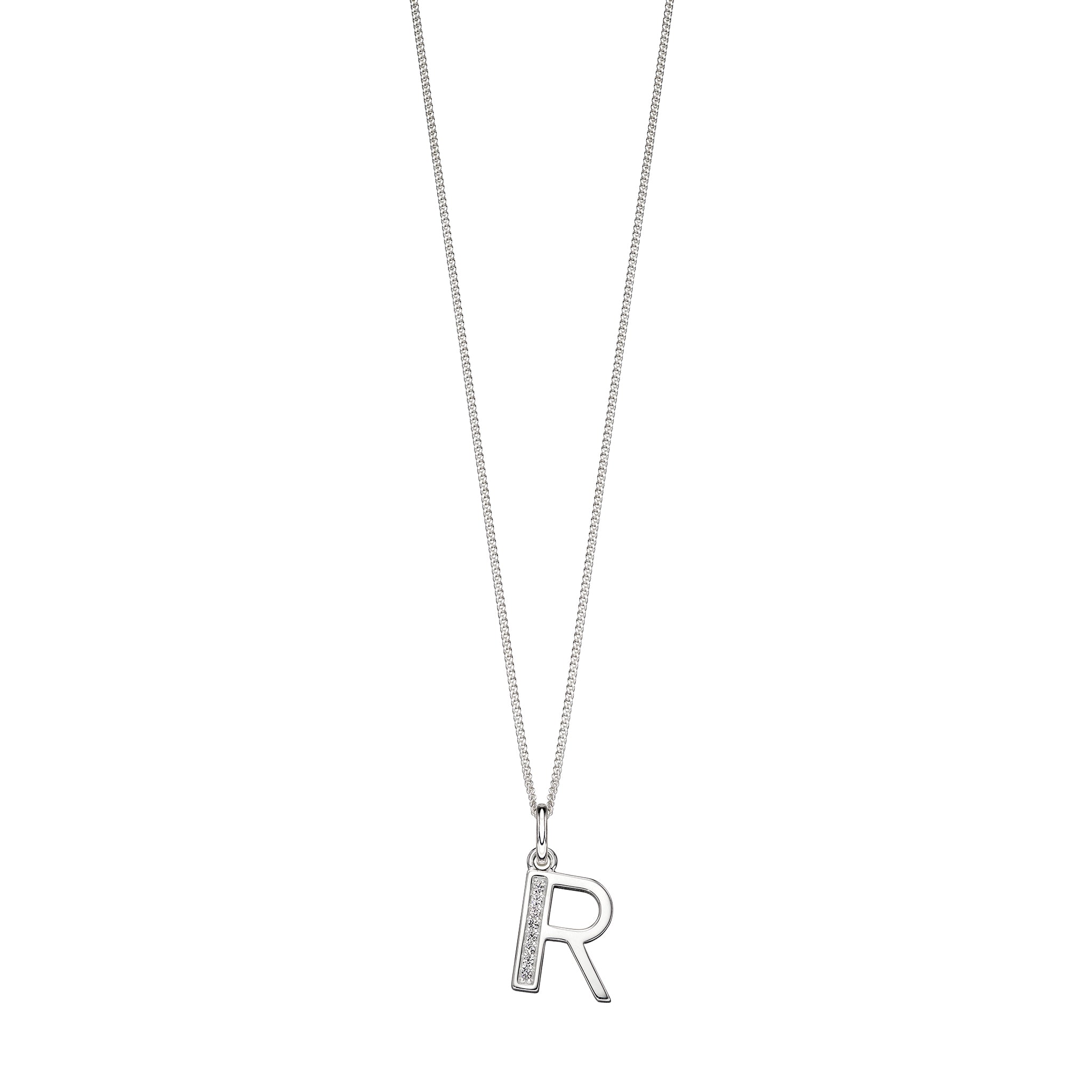 Silver chain with a silver cubic zirconia pendant with the initial R.