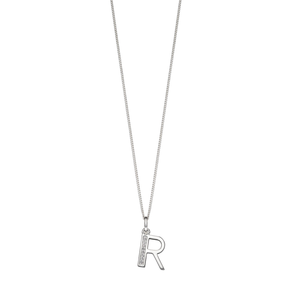 Silver chain with a silver cubic zirconia pendant with the initial R.