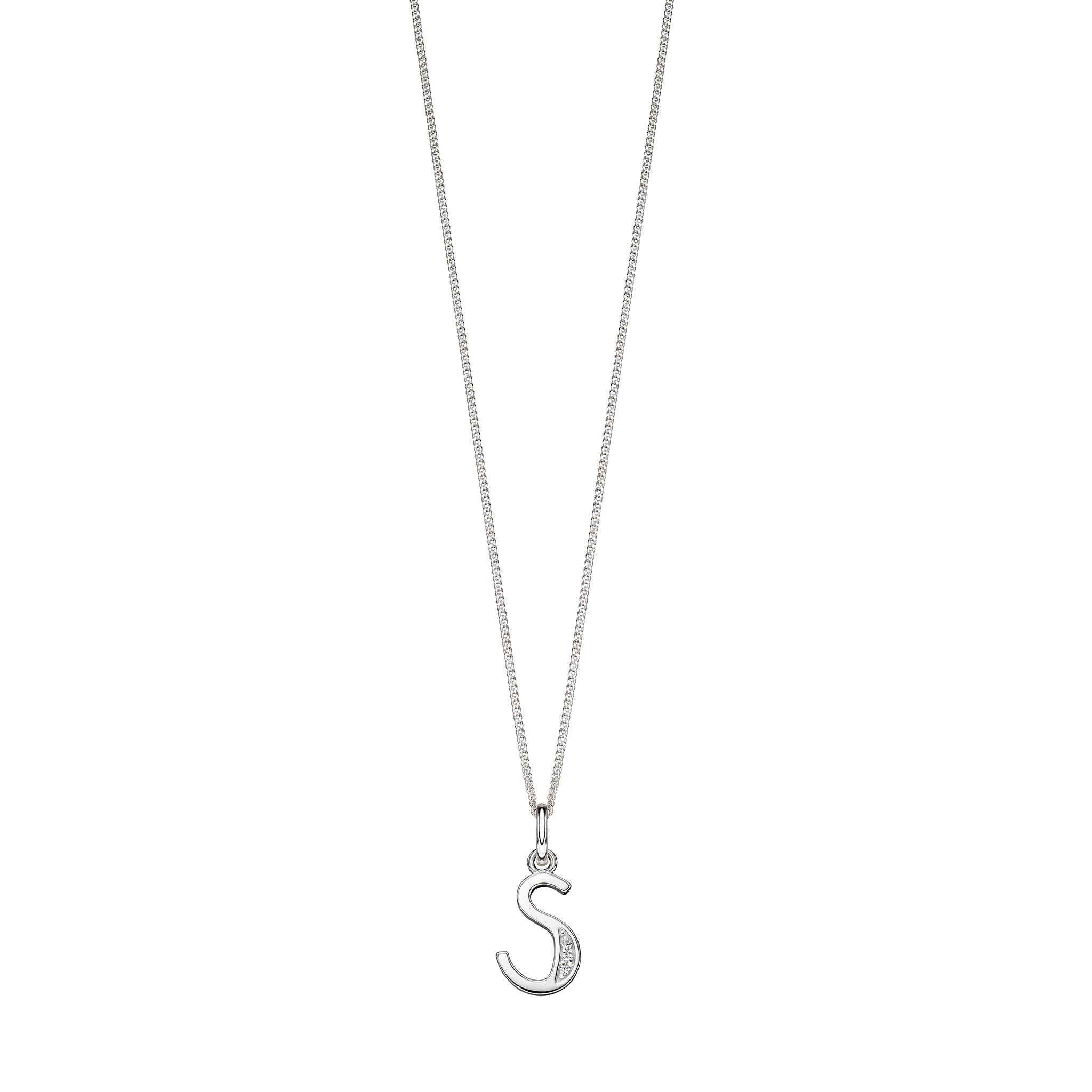 Silver chain with a silver cubic zirconia pendant with the initial S.