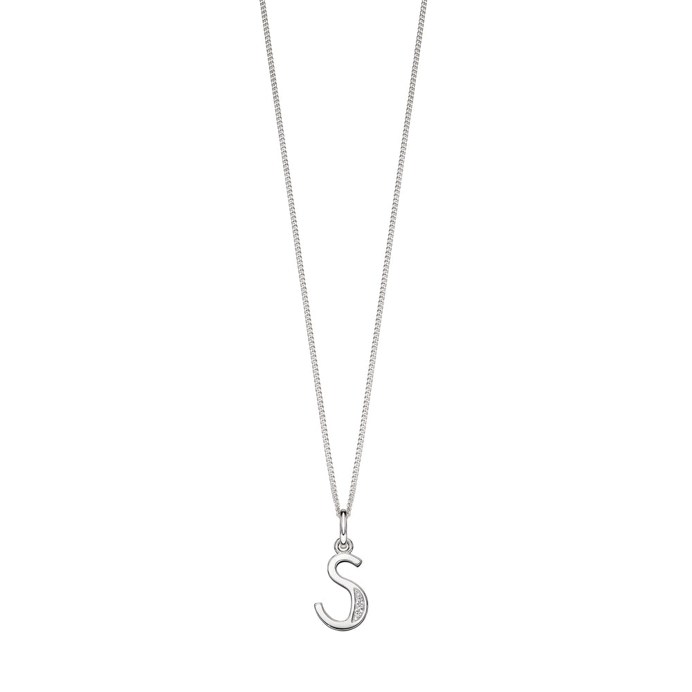 Silver chain with a silver cubic zirconia pendant with the initial S.
