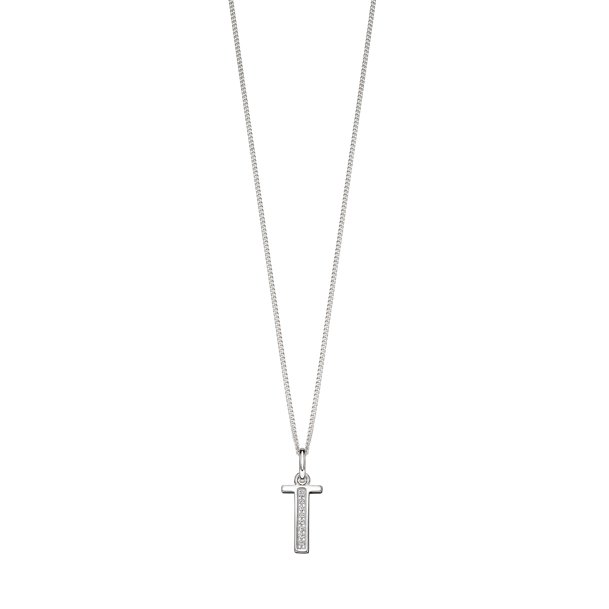 Silver chain with a silver cubic zirconia pendant with the initial T.