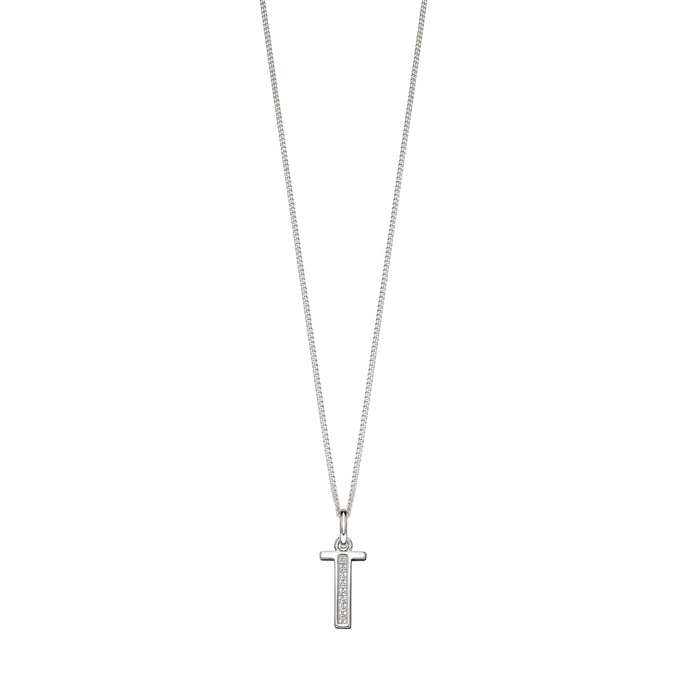 Silver chain with a silver cubic zirconia pendant with the initial T.