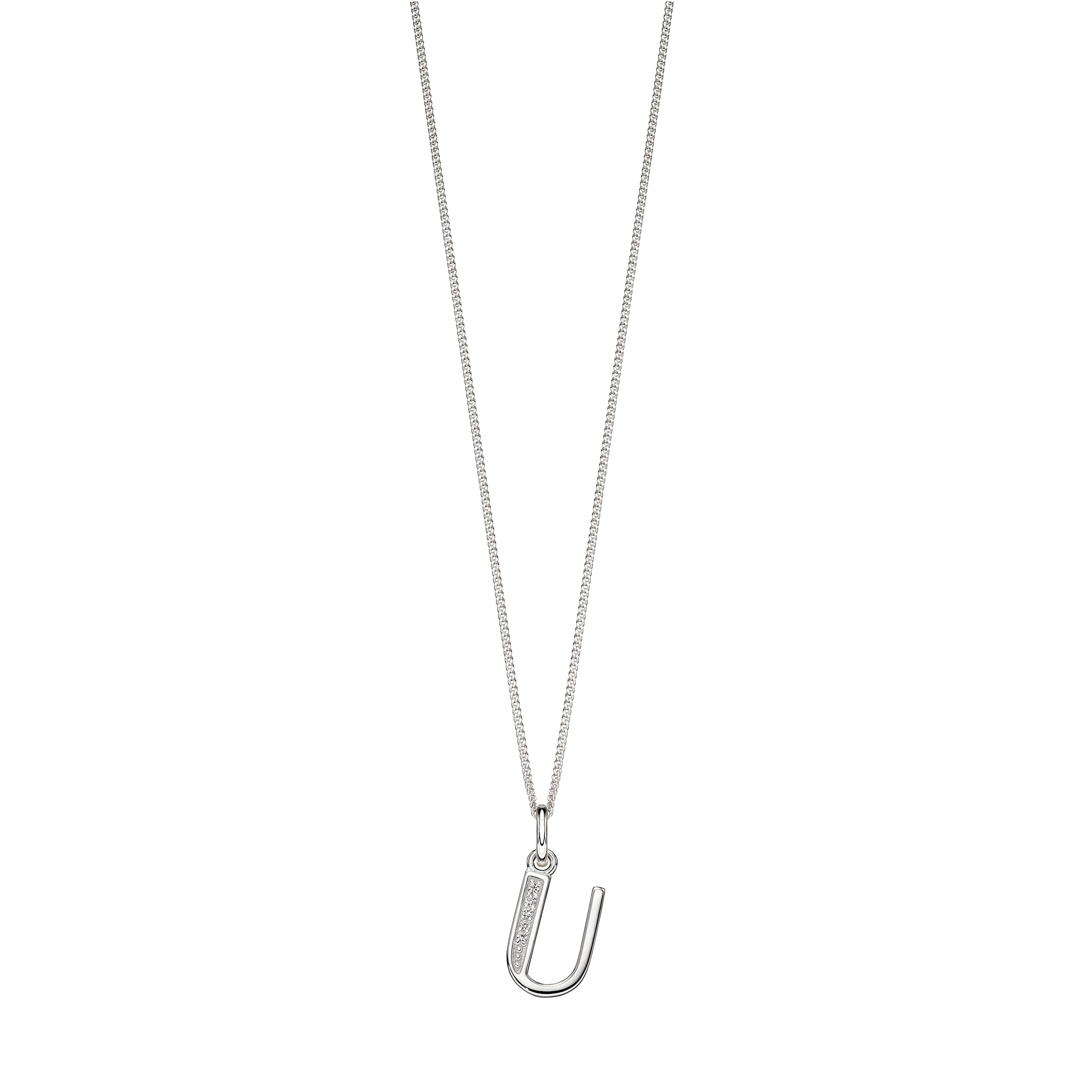 Silver chain with a silver cubic zirconia pendant with the initial U.