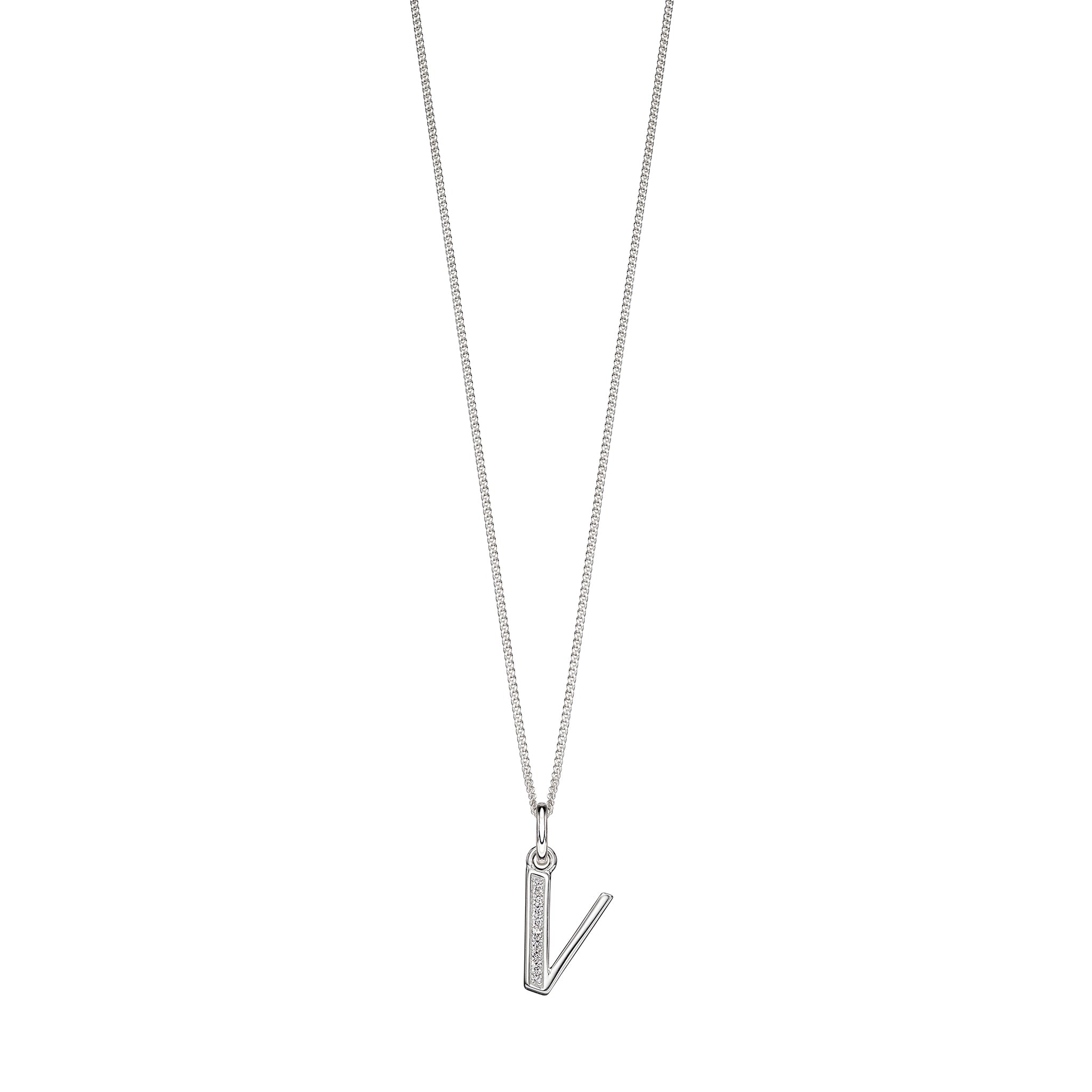 Silver chain with a silver cubic zirconia pendant with the initial V.