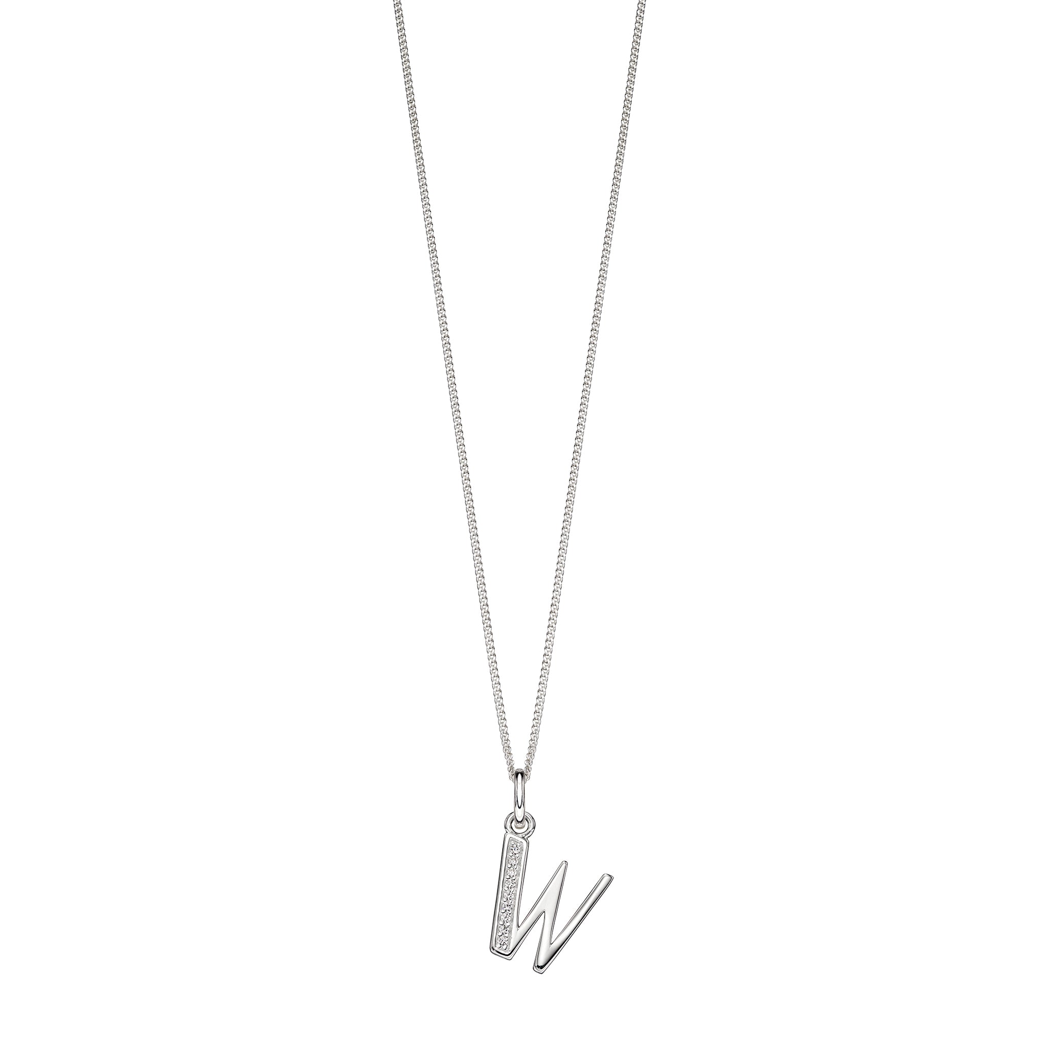 Silver chain with a silver cubic zirconia pendant with the initial W.