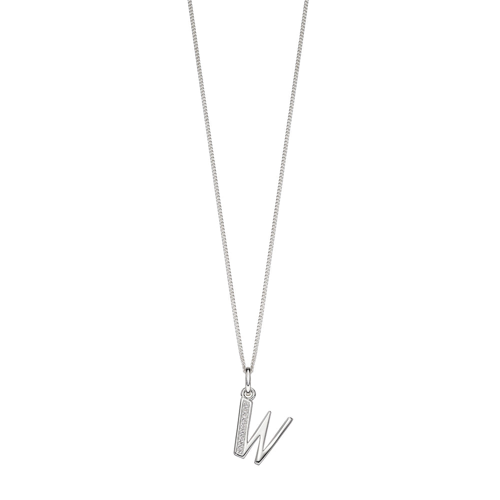 Silver chain with a silver cubic zirconia pendant with the initial W.
