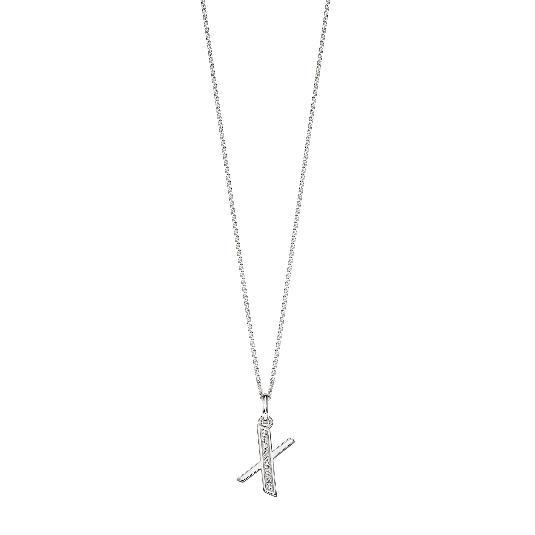 Silver chain with a silver cubic zirconia pendant with the initial X.