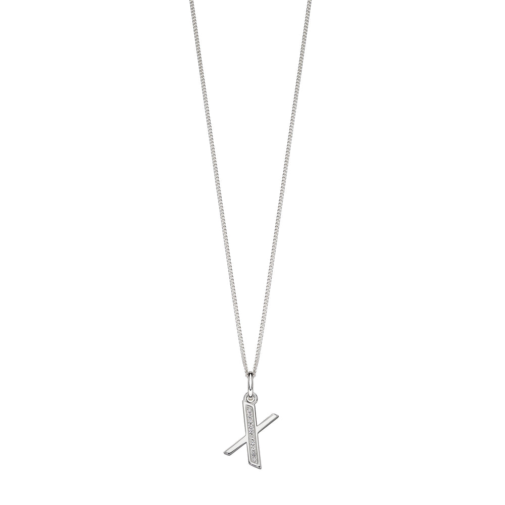 Silver chain with a silver cubic zirconia pendant with the initial X.