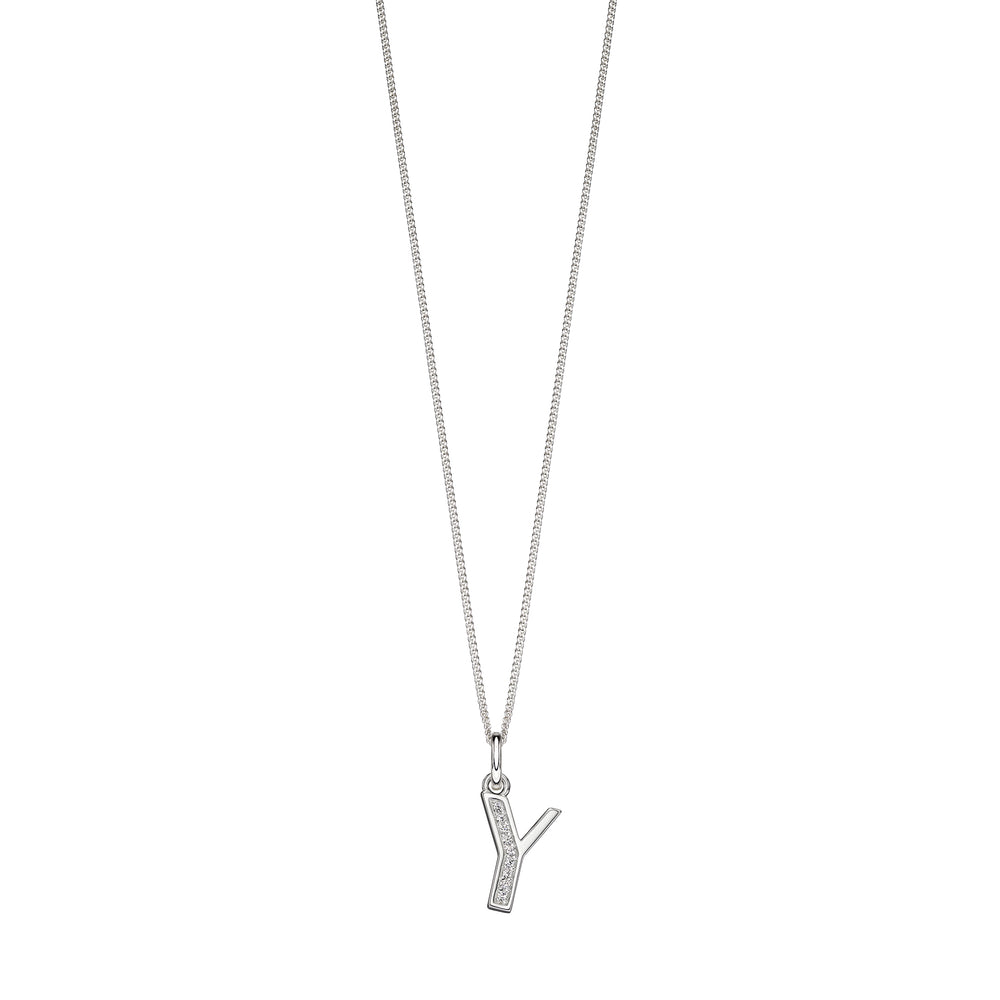 Silver chain with a silver cubic zirconia pendant with the initial Y.