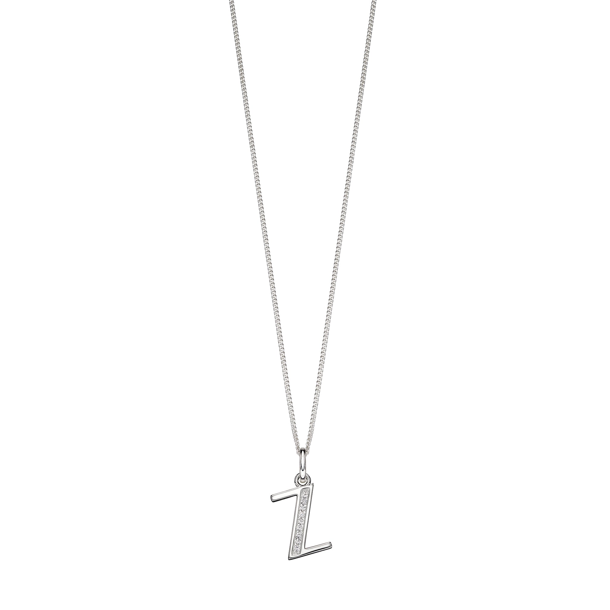 Silver chain with a silver cubic zirconia pendant with the initial Z.