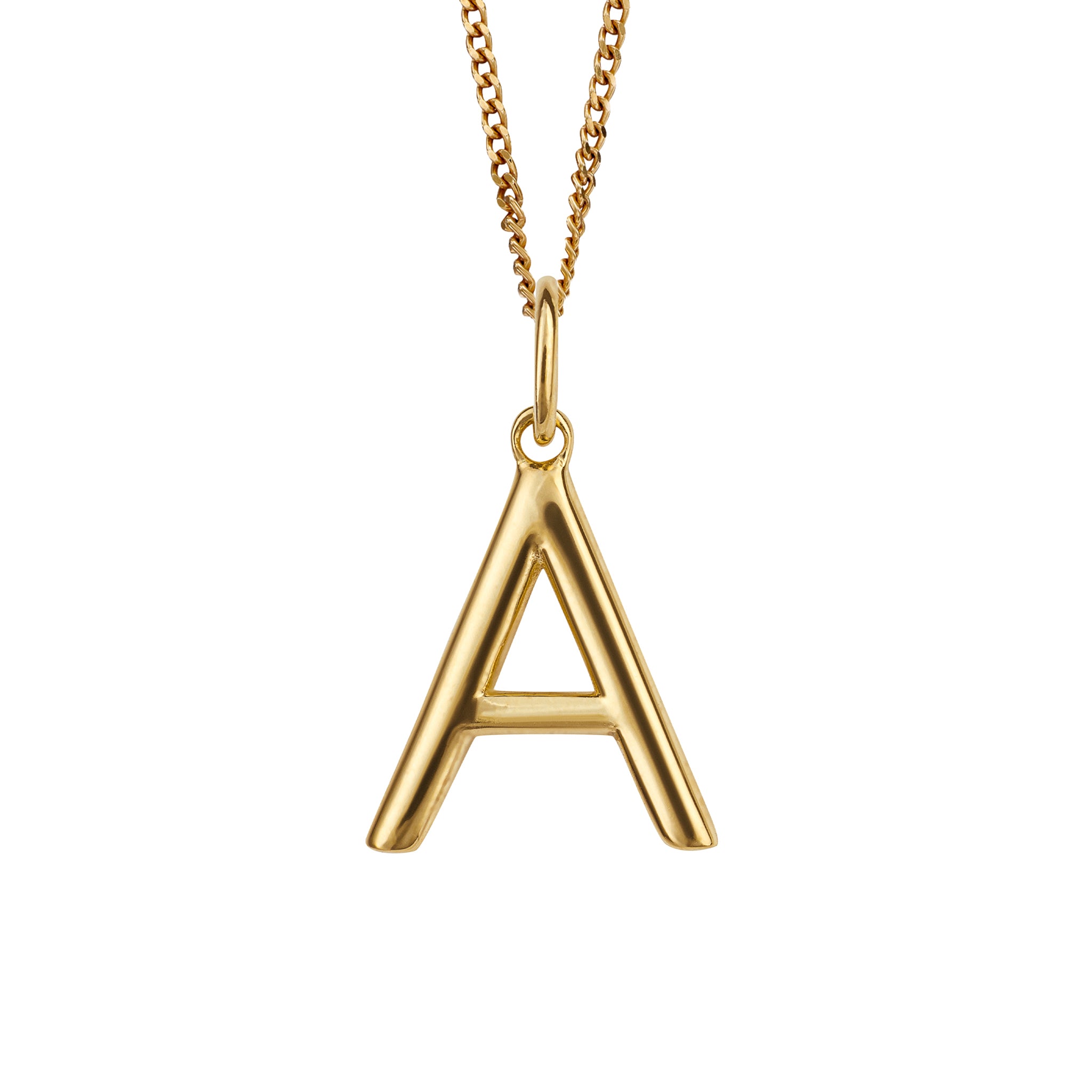 Gold chain with a gold pendant with the initial A.
