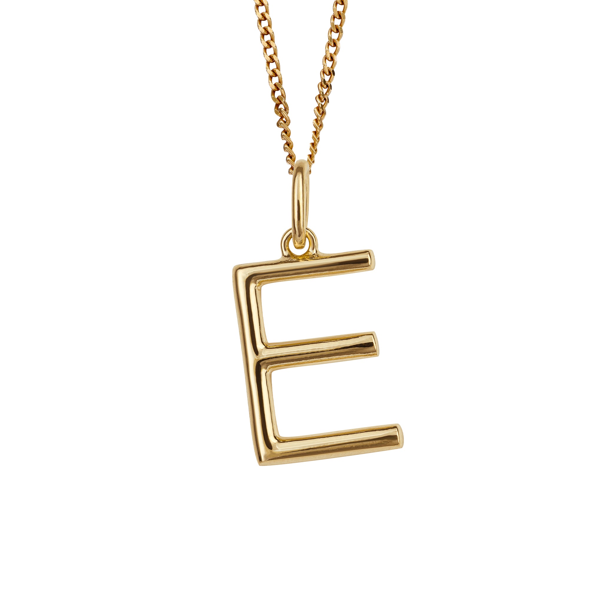 Gold chain with a gold pendant with the initial E.