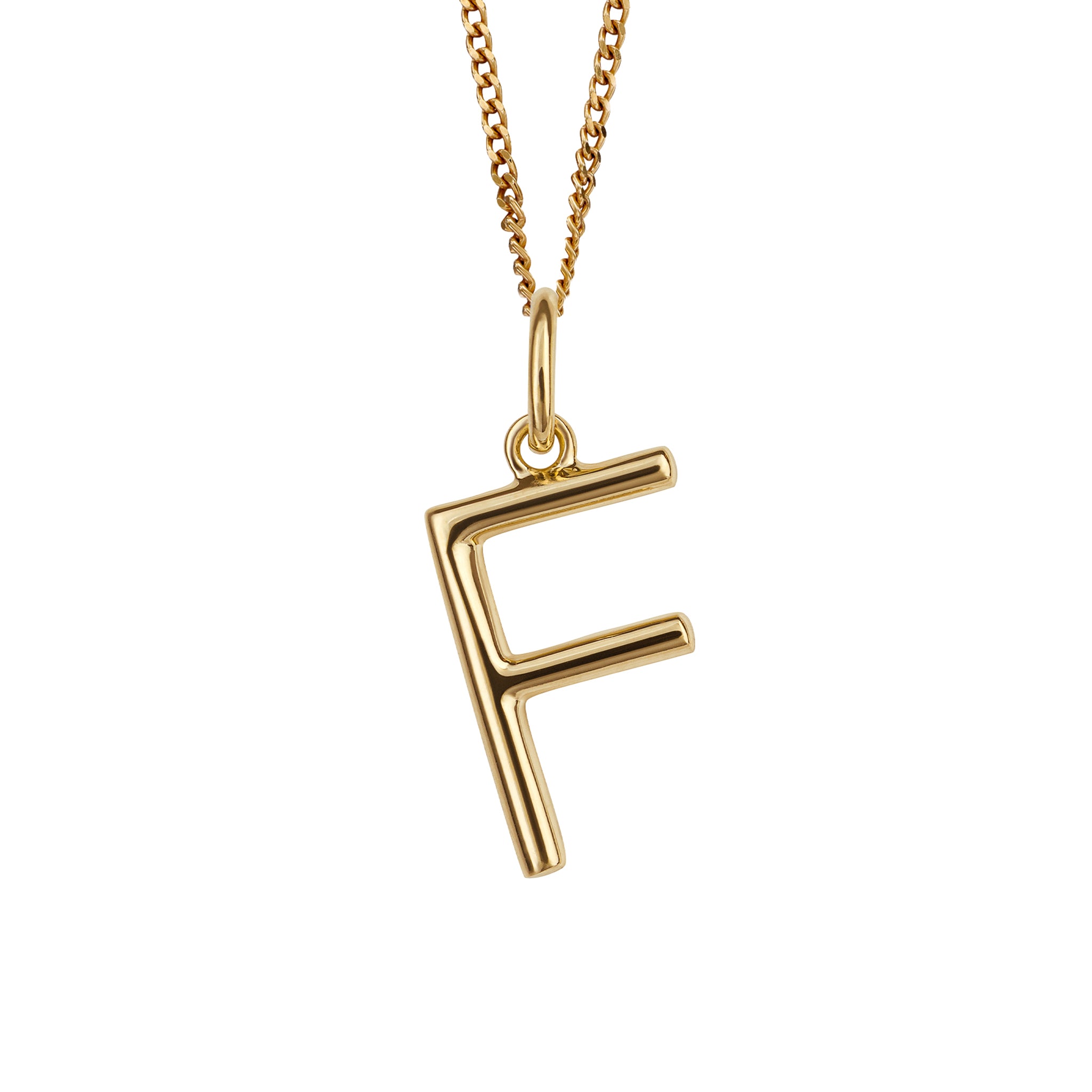 Gold chain with a gold pendant with the initial F.