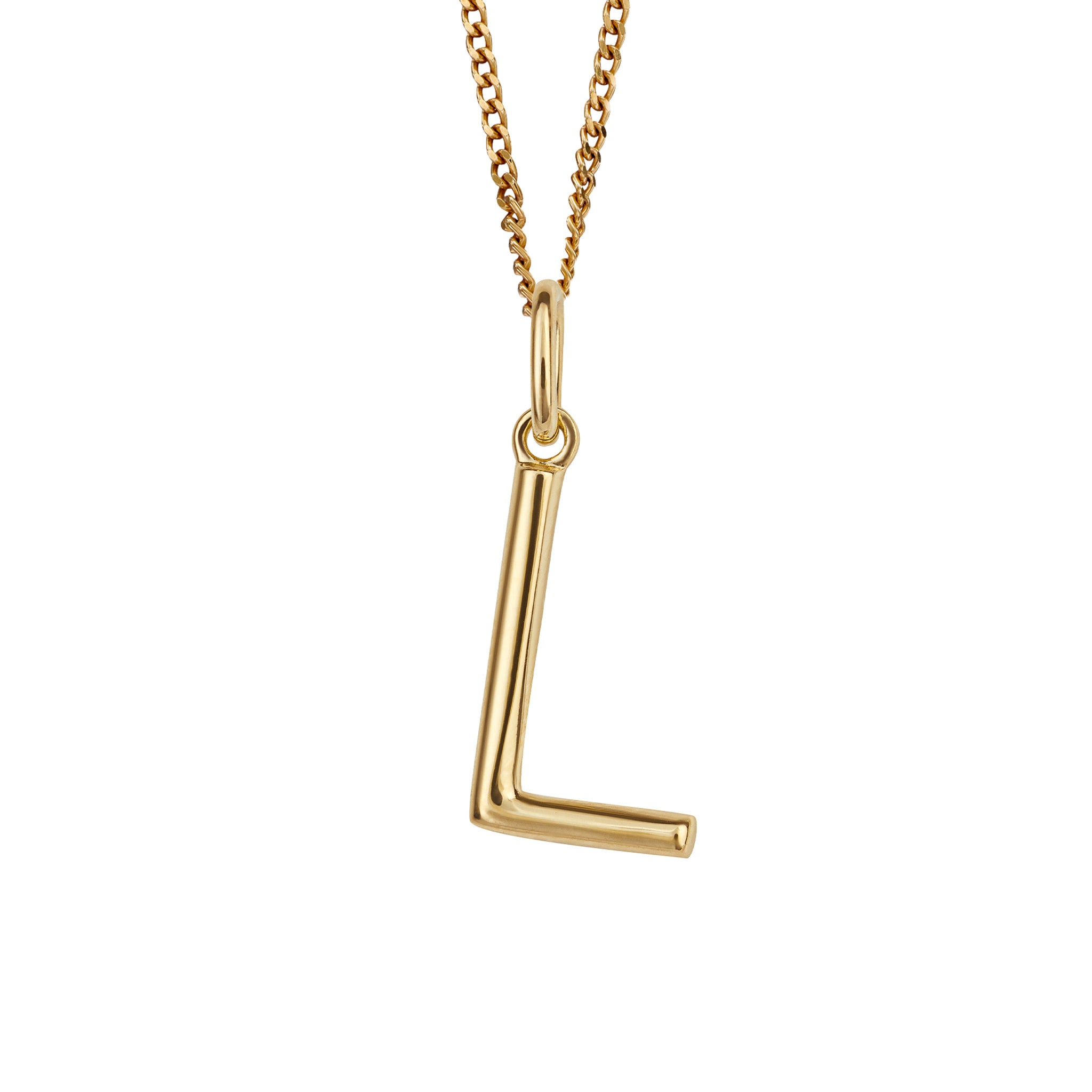 Gold chain with a gold pendant with the initial L.