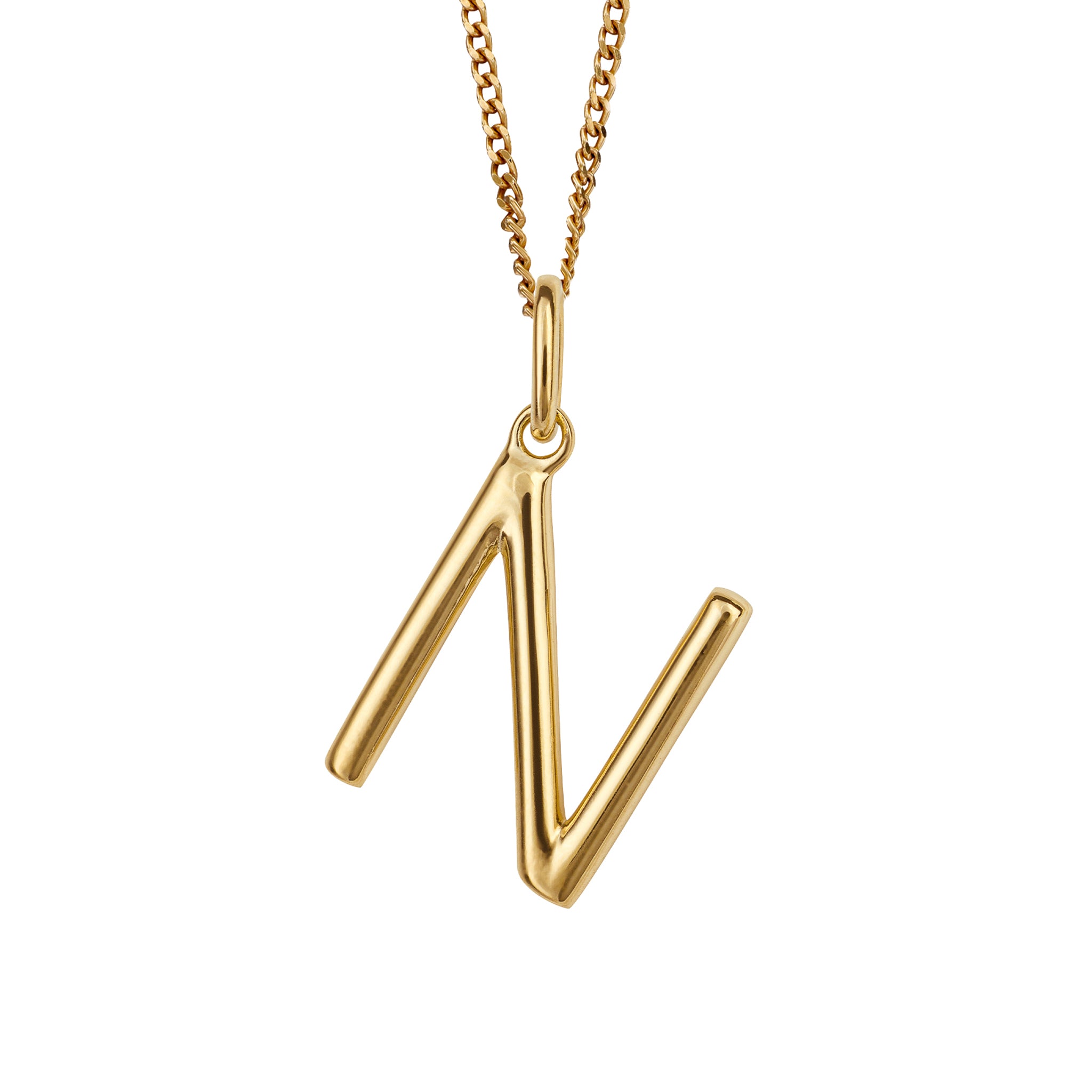 Gold chain with a gold pendant with the initial N.