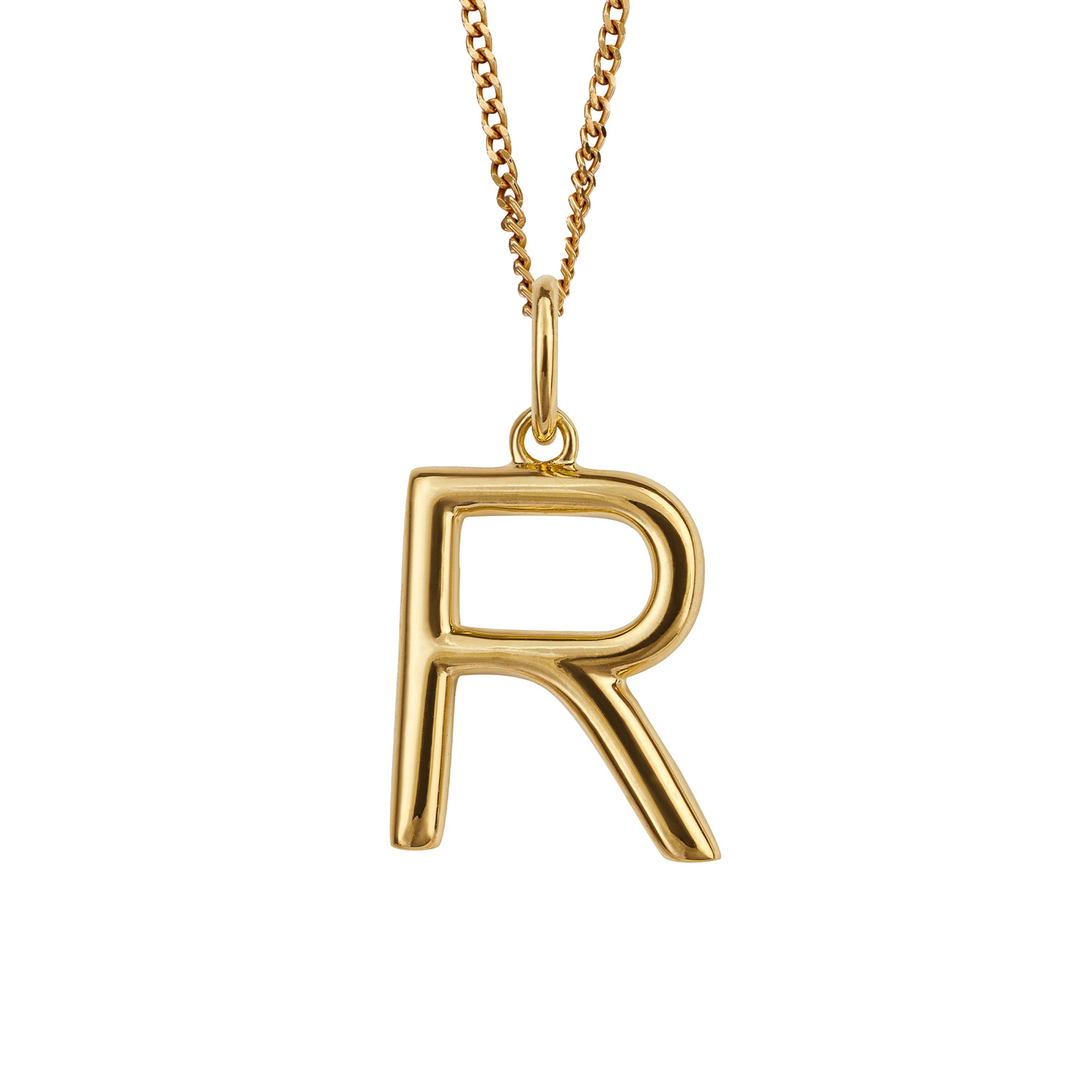 Gold chain with a gold pendant with the initial R.