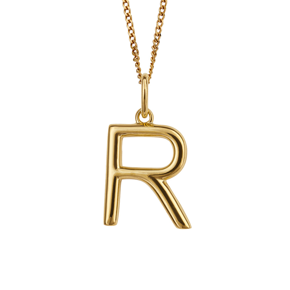 Gold chain with a gold pendant with the initial R.