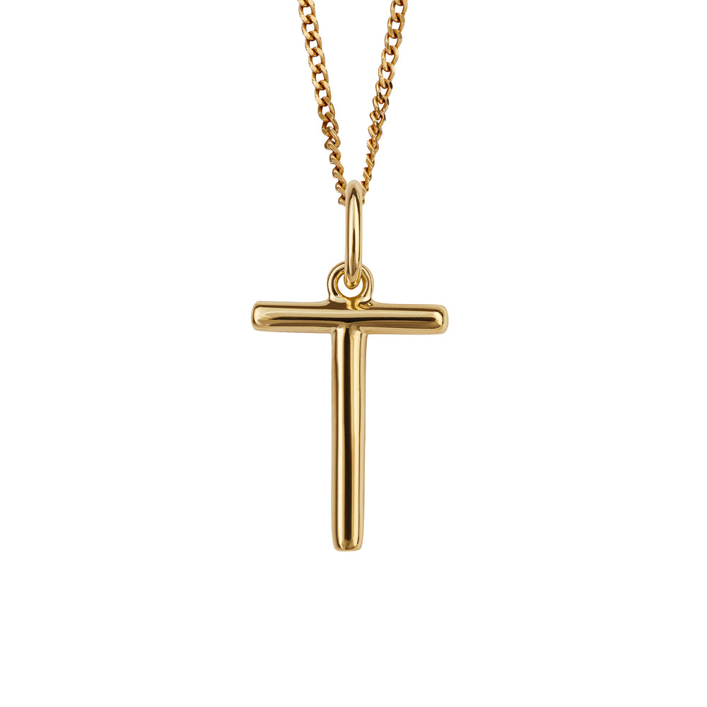 Gold chain with a gold pendant with the initial T.