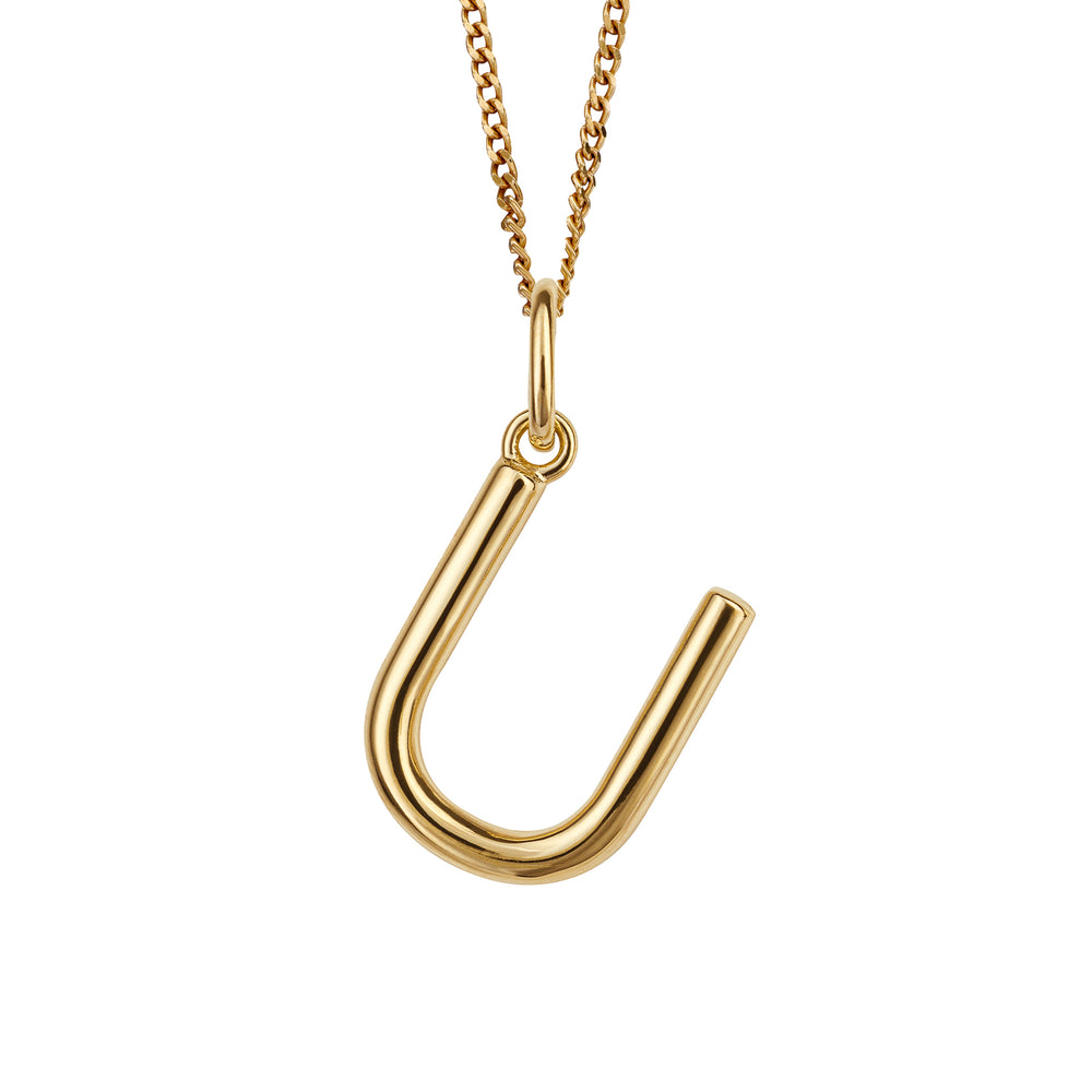 Gold chain with a gold pendant with the initial U.
