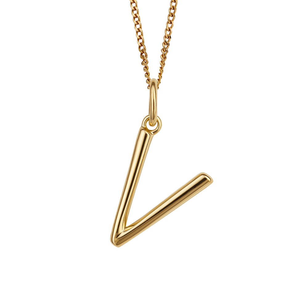 Gold chain with a gold pendant with the initial V.