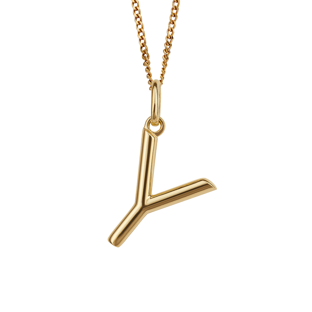 Gold chain with a gold pendant with the initial Y.