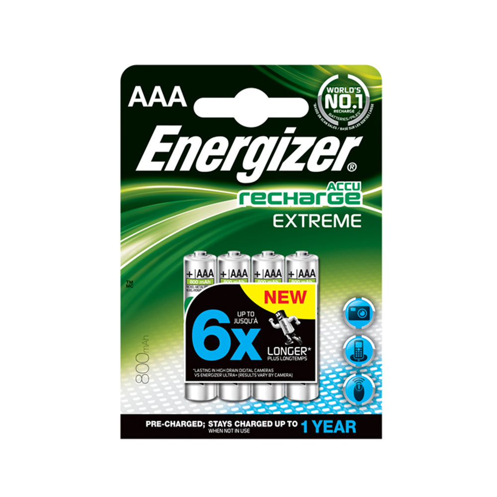 Four rechargeable AAA batteries in packaging