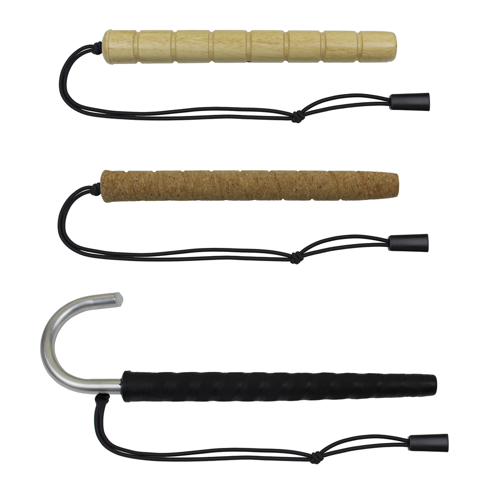 Three alternative cane handles. From top: wood, cork, and crook handle.