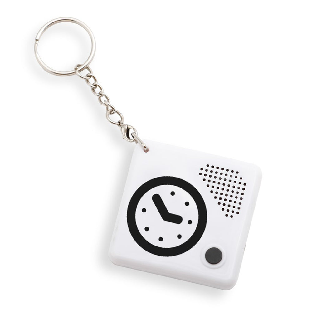 Small white talking pocket clock on keychain