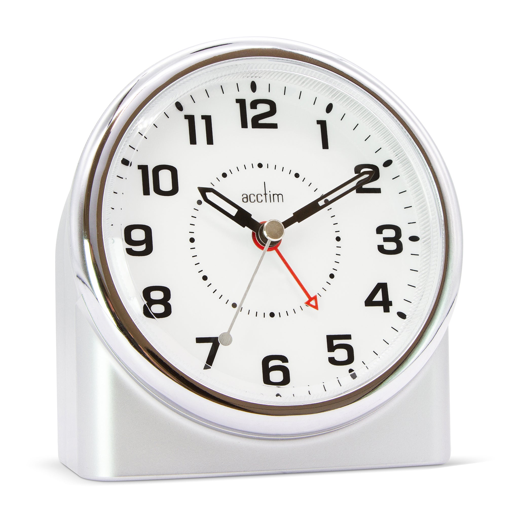 Silver alarm clock with black numbers and red second hand on a white background