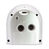 Rear view of silver alarm clock showing speaker vents and black controls