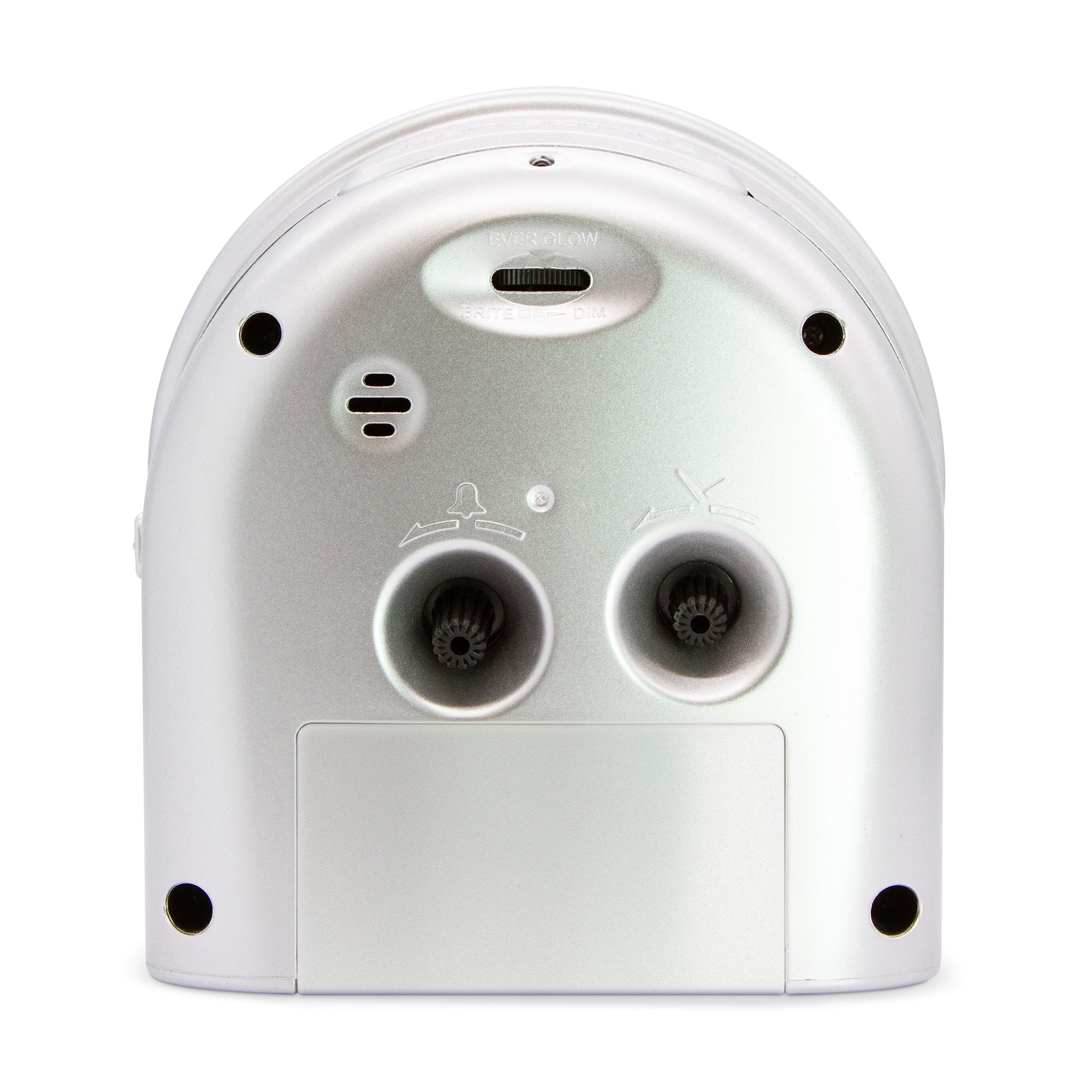 Rear view of silver alarm clock showing speaker vents and black controls